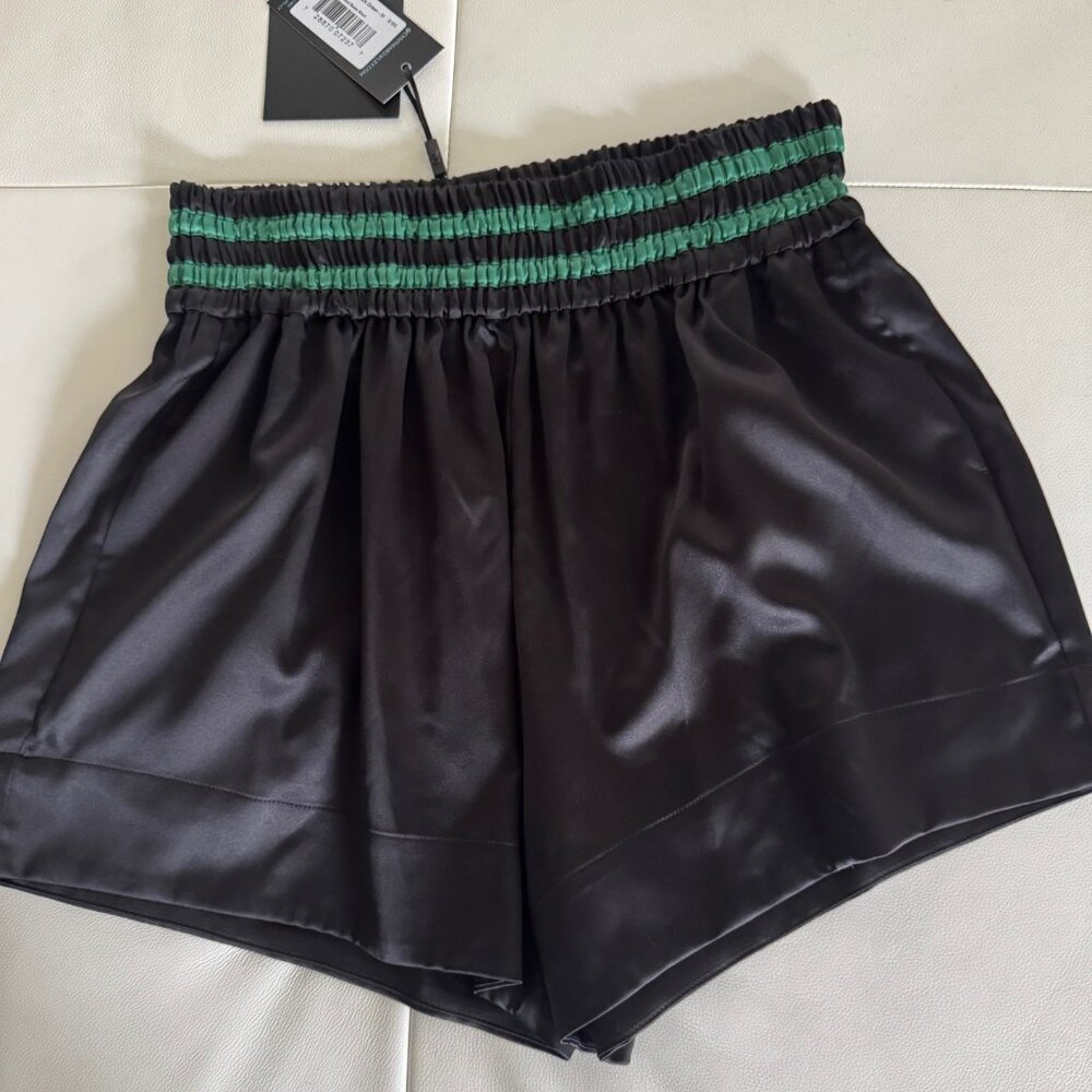 Cynthia Rowley Black Satin Shorts with Green Stripe Waist